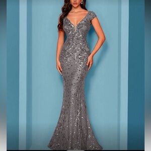 Luxe floral sequins party formal evening sequins gown dress